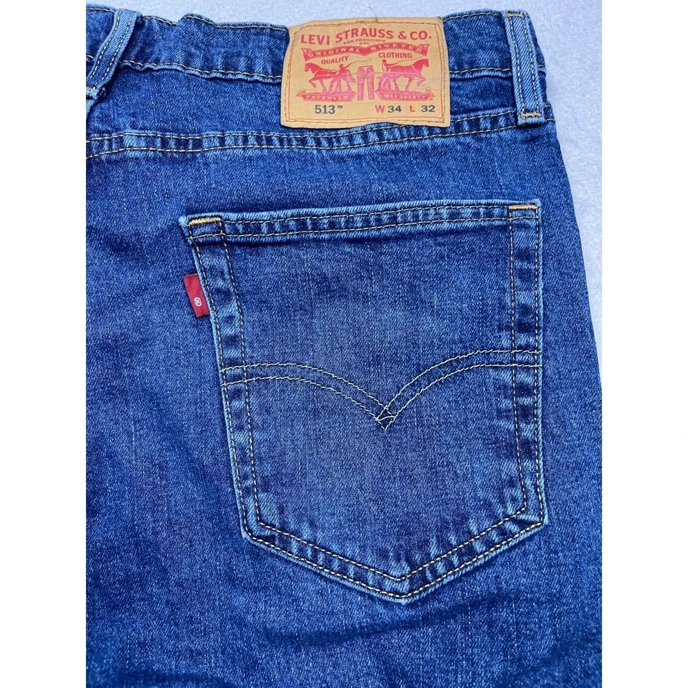 Levis 513 Slim Straight Jeans Mens 34x32 Blue Denim Distressed Paint Splatter